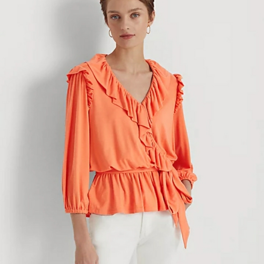 Ralph Lauren Black Label Coral-Orange Ruffle Wrap Blouse